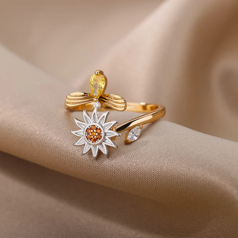 Anti Stress Angst Zappeln Ringe für Frauen Edelstahl Sonnenblume Sonne Stern Spinner Ring Weihnachten Schmuck Geschenke Dropshipping